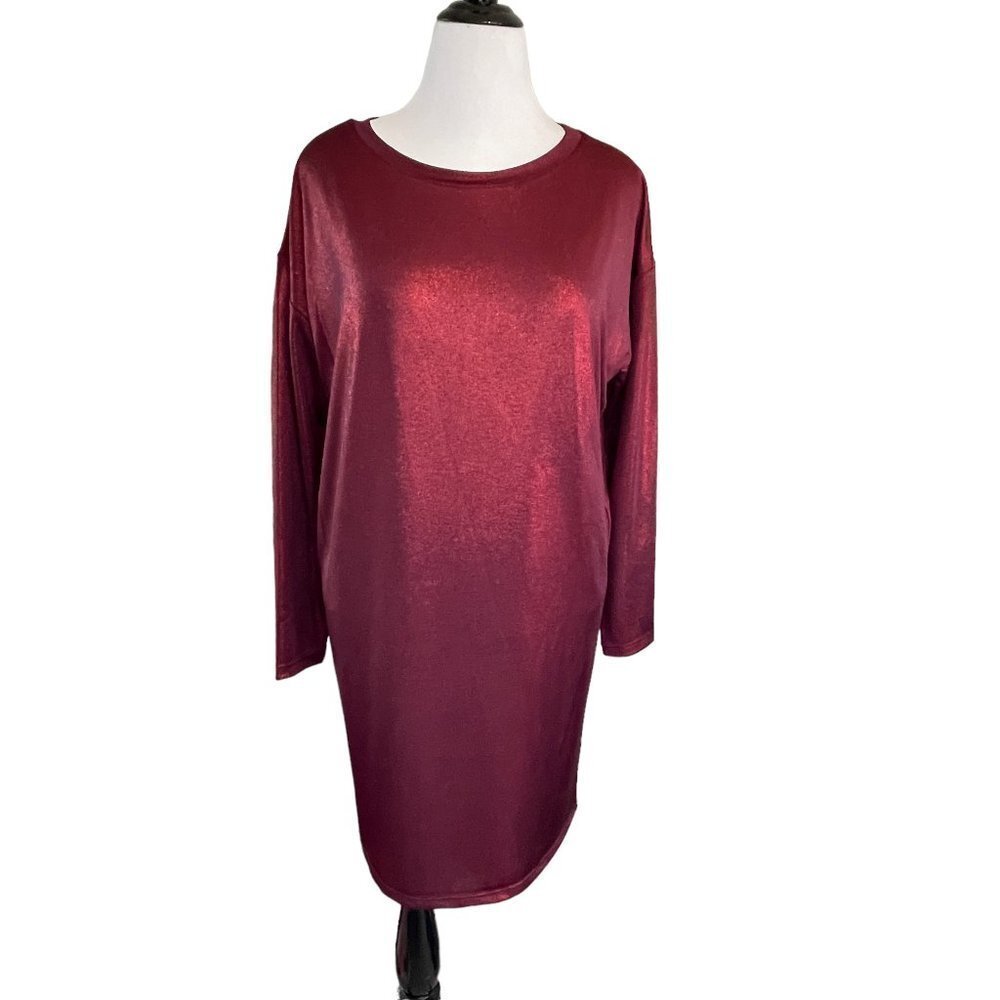 NWT ralph lauren dark red‎ metallic jersey long sleeve lined midi dress large
